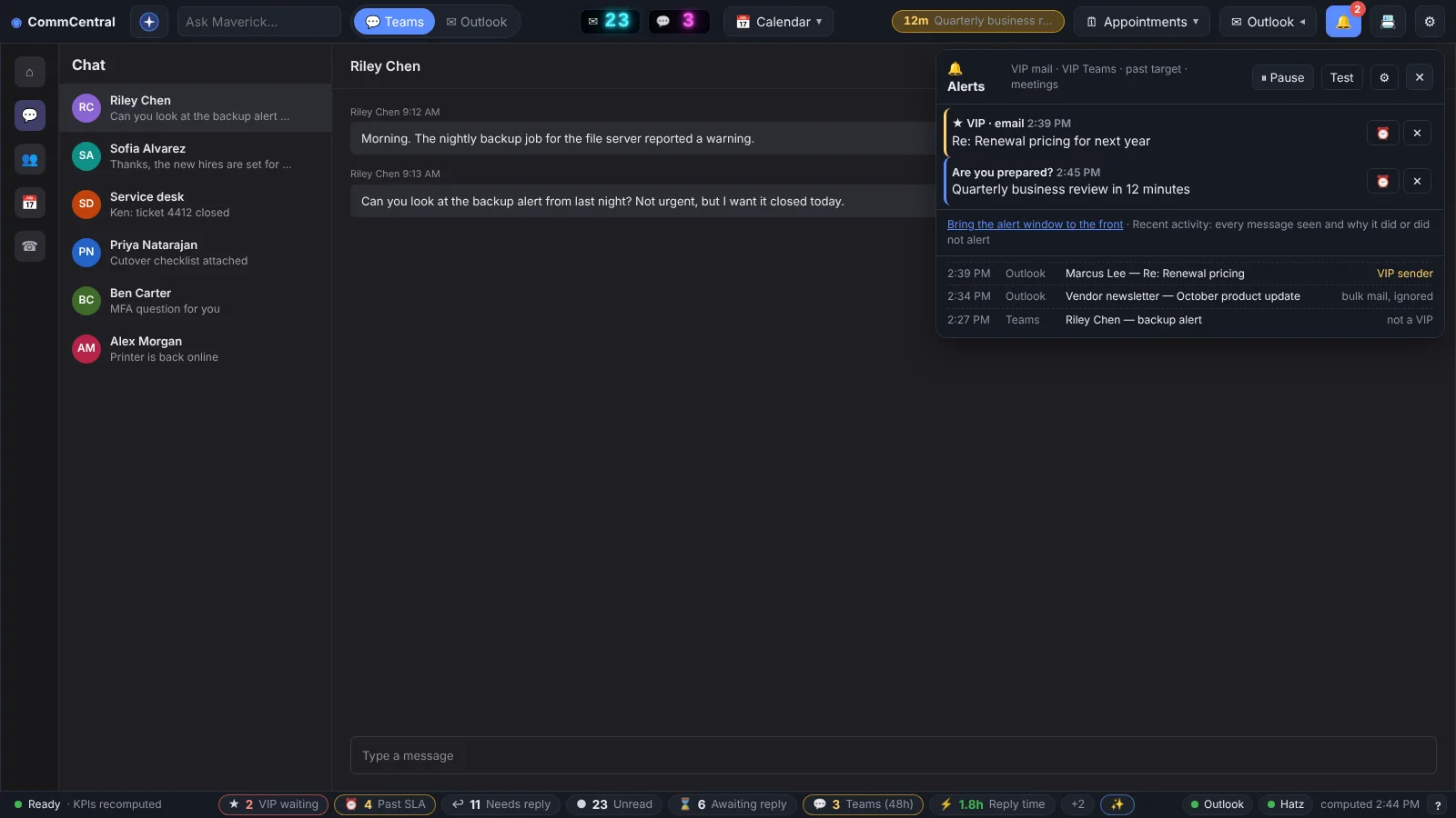 The alerts menu with a log of every message seen (sample data).