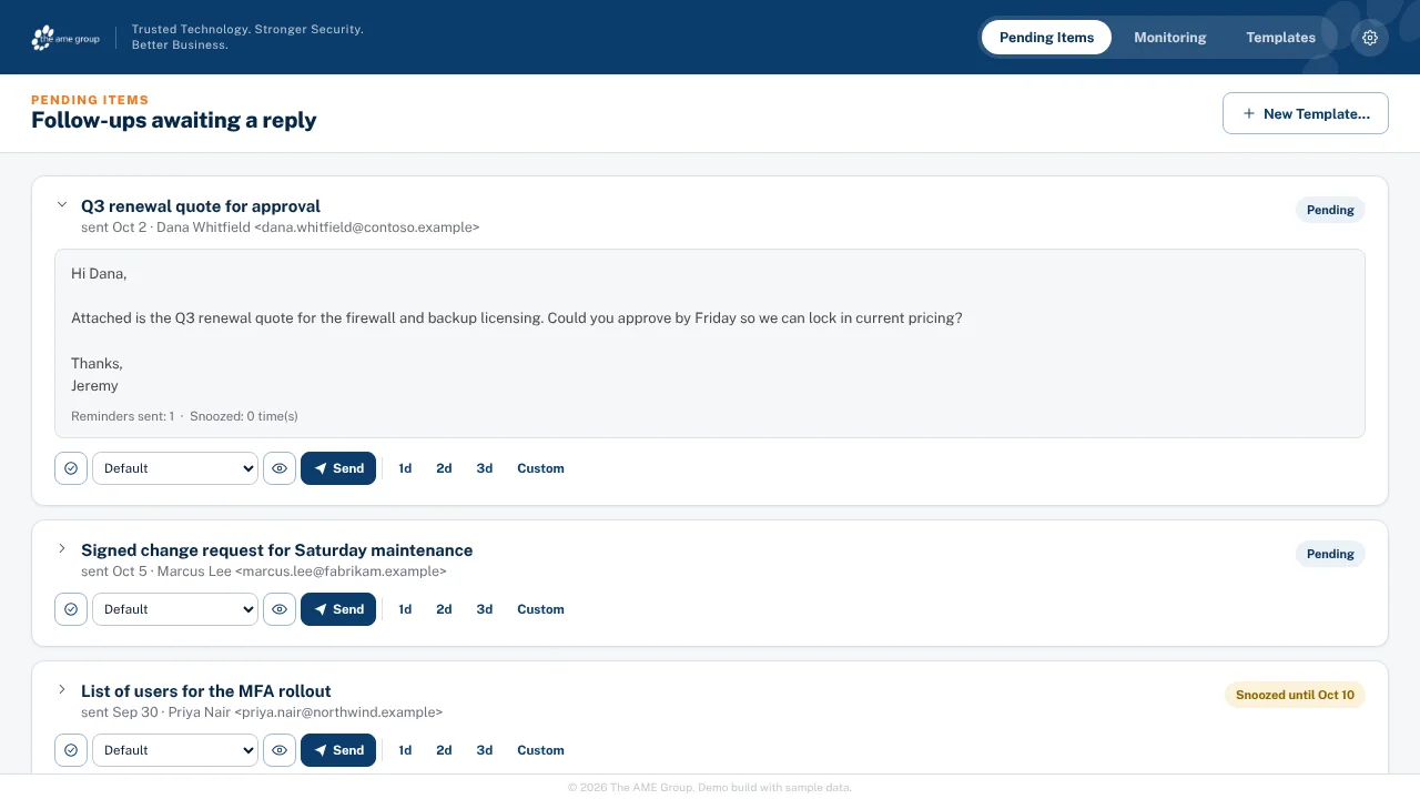 Pending follow-ups with send and snooze controls (sample data).
