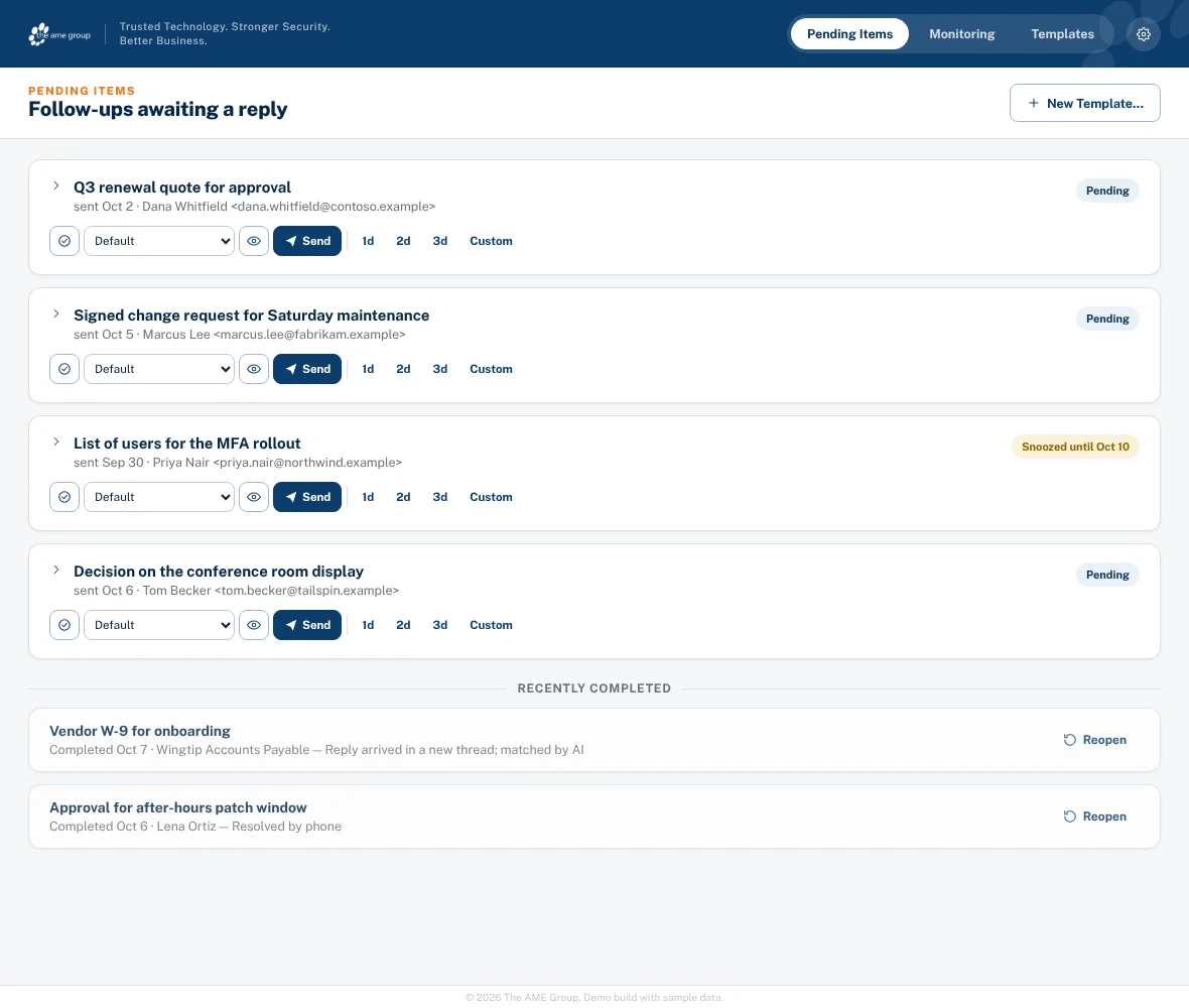 Pending items and recently completed ones, including an AI match (sample data).