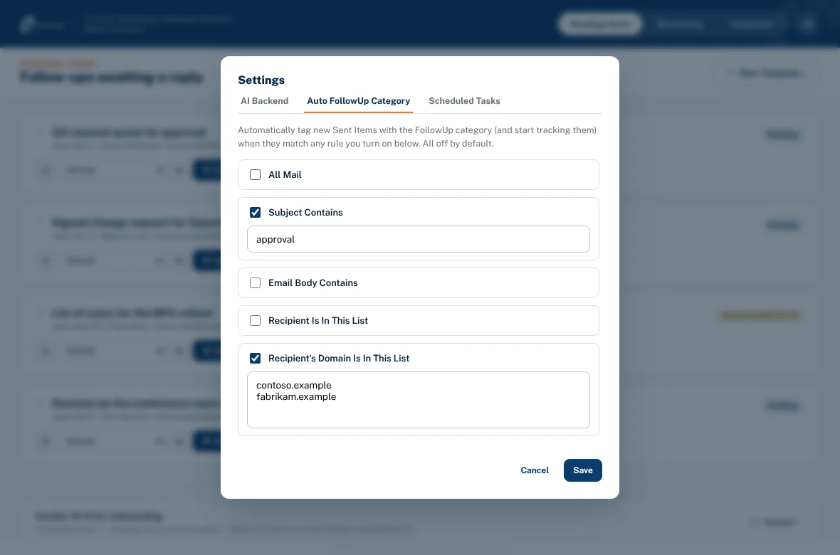 Rules that tag sent mail for tracking automatically (sample data).