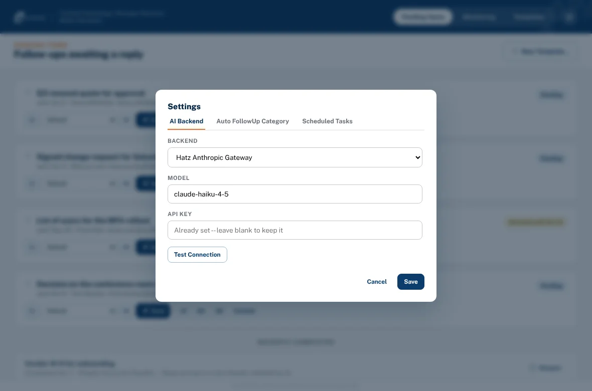 Settings for choosing the AI backend and model.