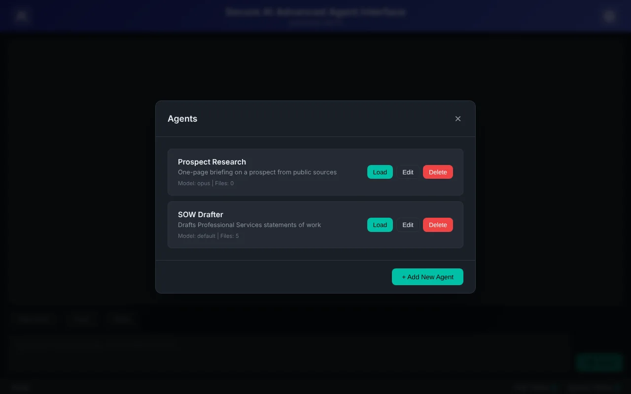 The agents list, each with its own instructions and files (sample data).