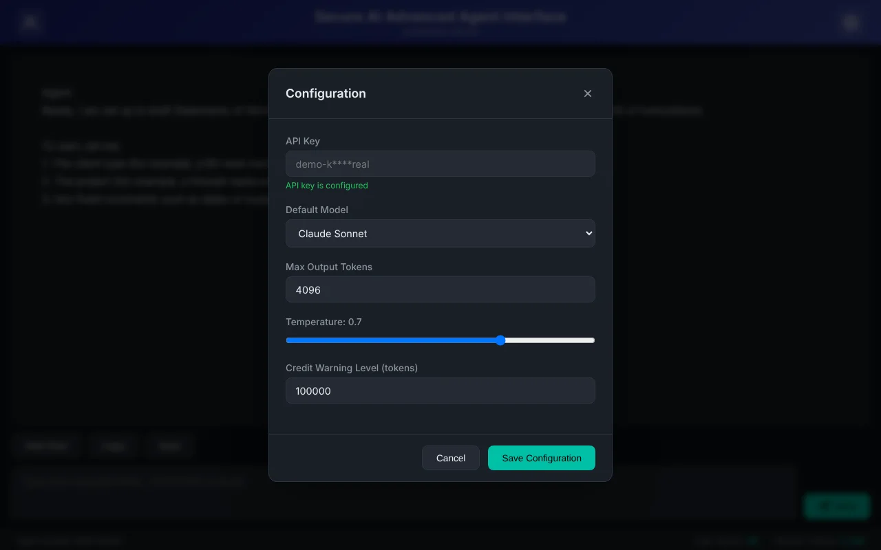 Configuration for model, output limit and token warning level.