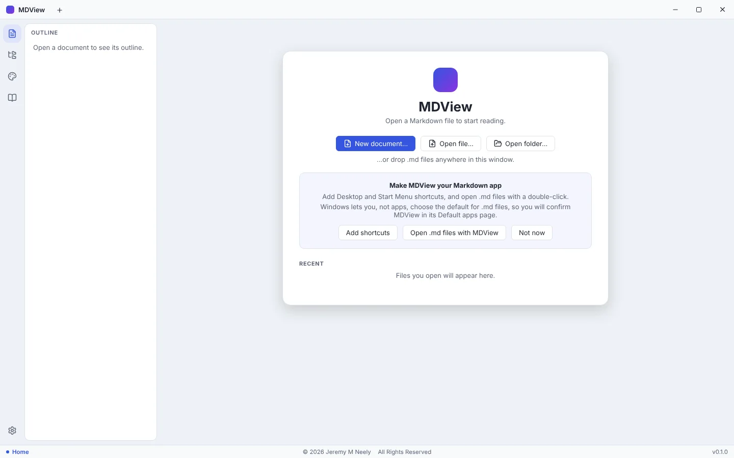 The welcome screen for opening or creating a document.