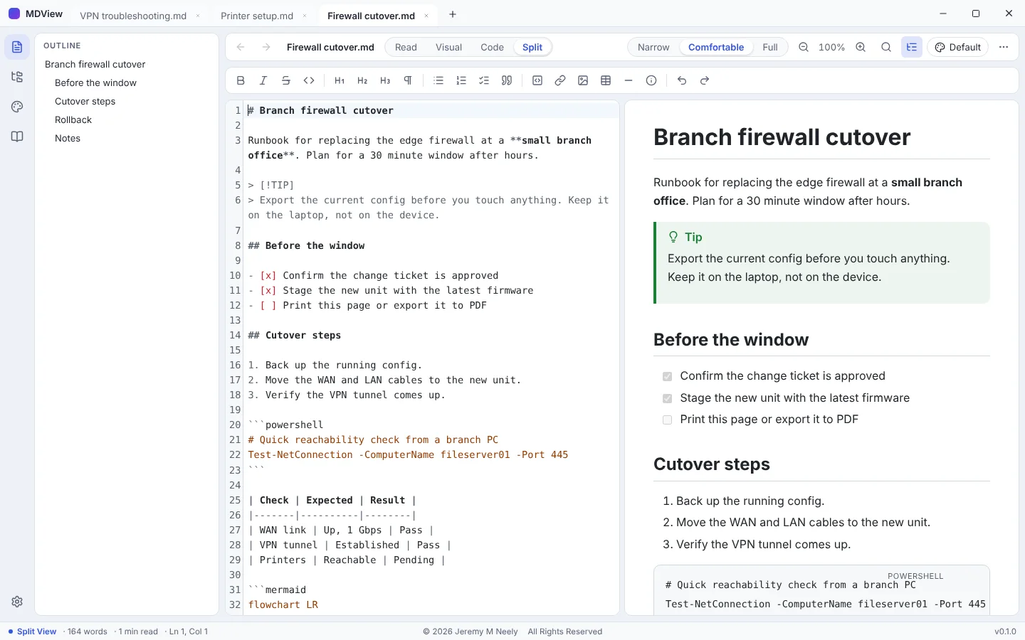 Split mode with Markdown source on the left and the live preview on the right (sample data).
