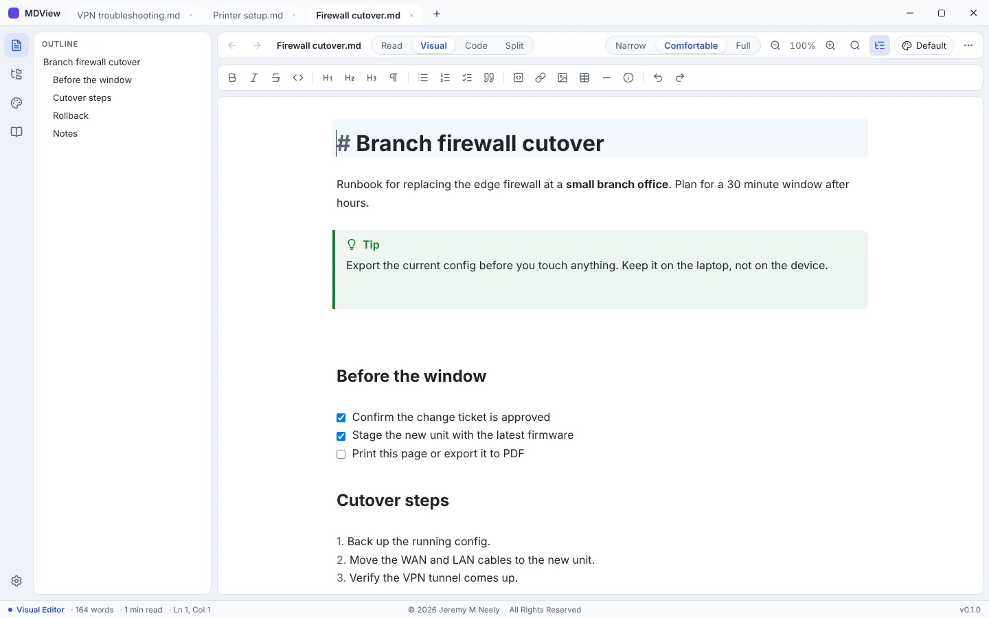 Visual mode, editing the document in place with a formatting toolbar (sample data).