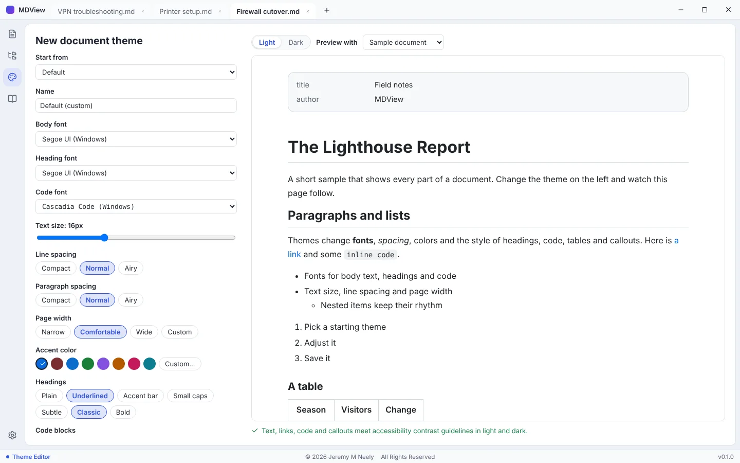 The theme editor with font, spacing and color settings and a live preview.
