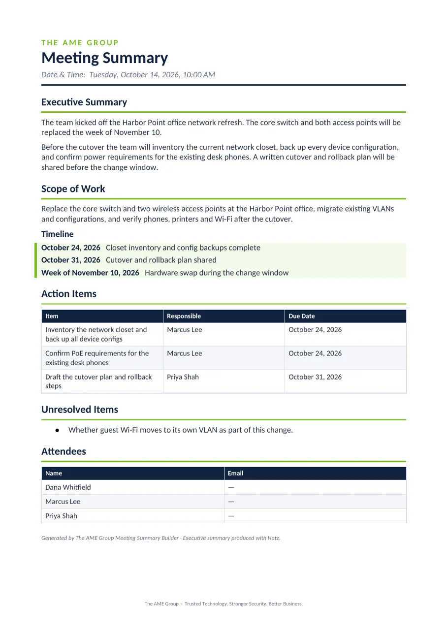 The generated Word summary with action items, owners and due dates (sample data).