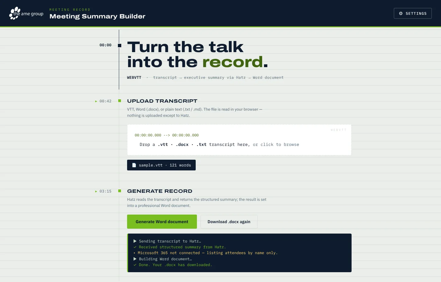 A transcript loaded and the progress log after the Word file is built (sample data).