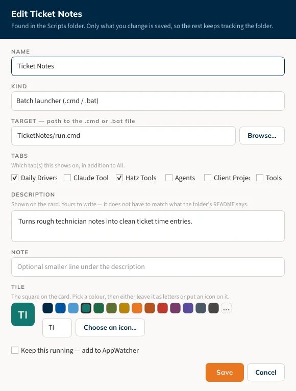 The edit dialog for a card's kind, target, tabs and tile.