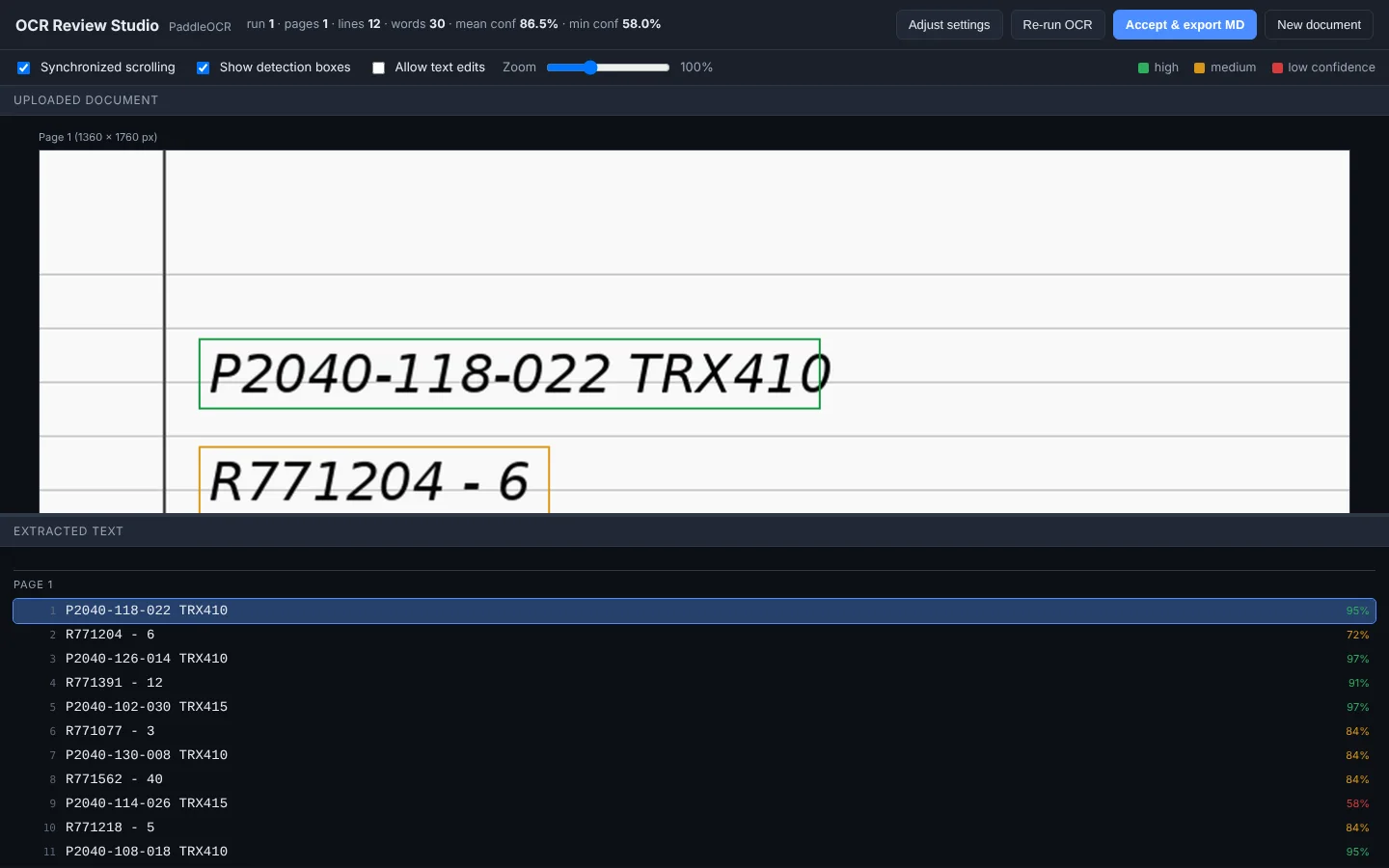 The review screen at full zoom, with one line selected (sample data).