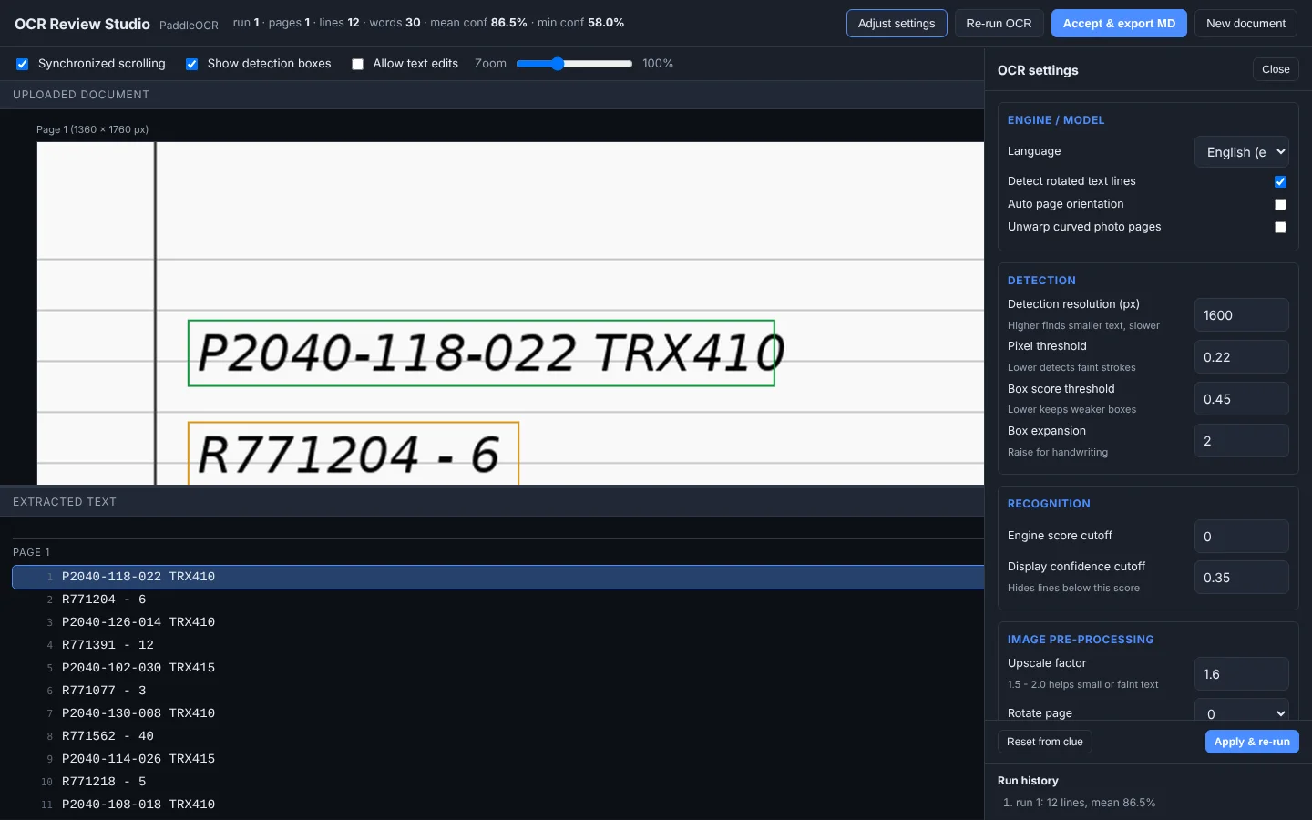 The settings drawer with grouped OCR parameters and run history (sample data).