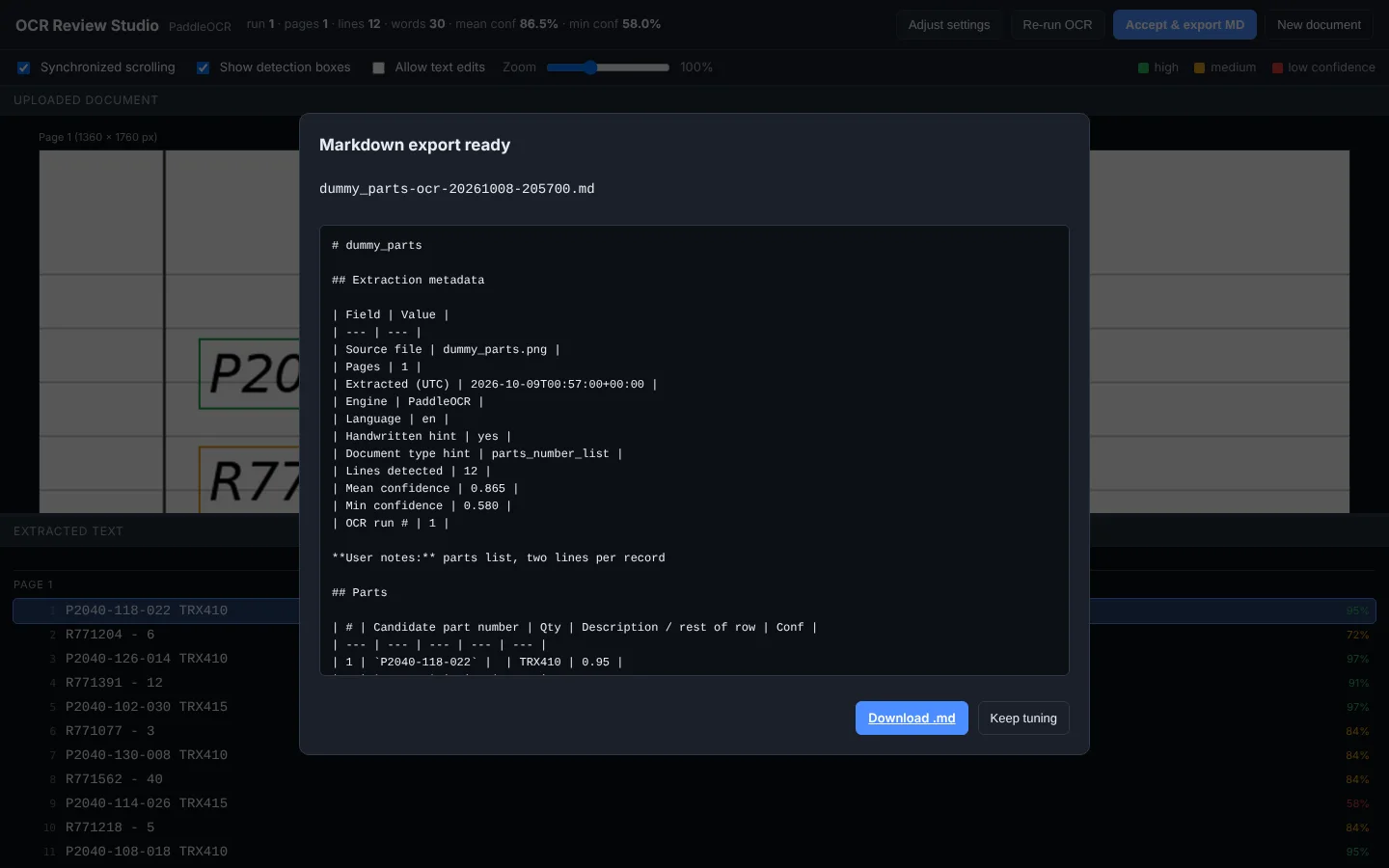 The Markdown export preview with metadata and a parts table (sample data).