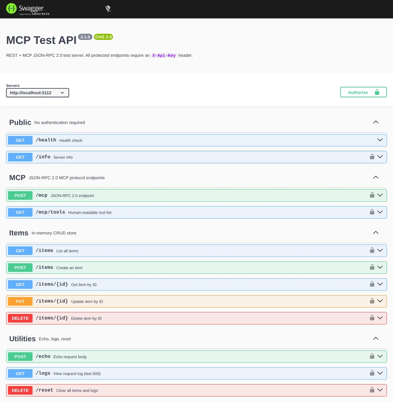 The MCP test server's Swagger page listing its endpoints.
