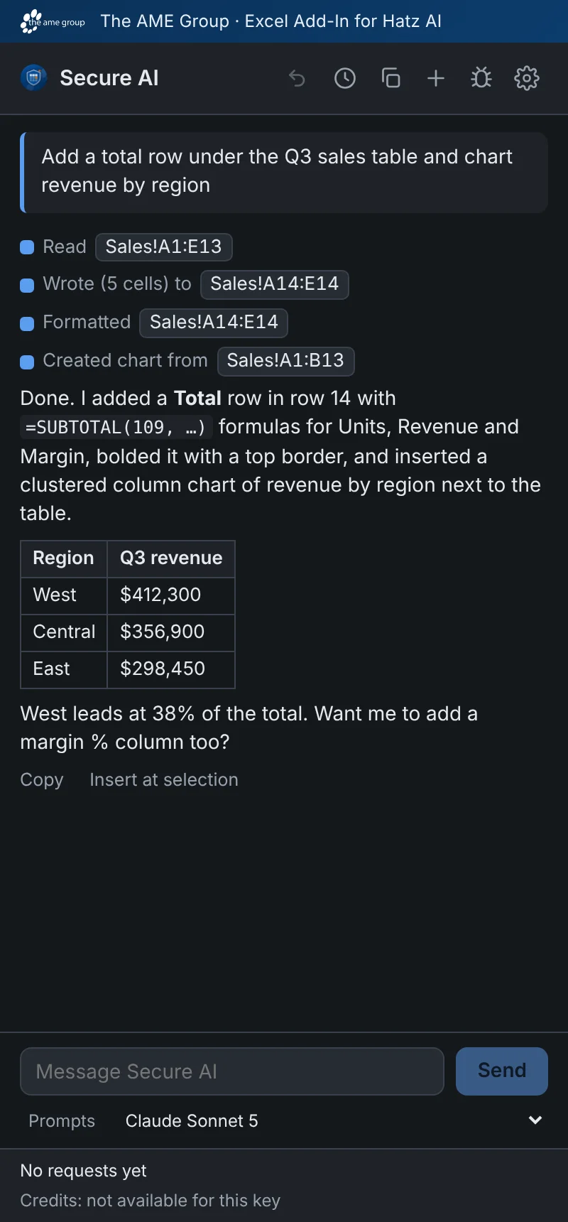 The task pane in the dark theme, listing each action it took (sample data).