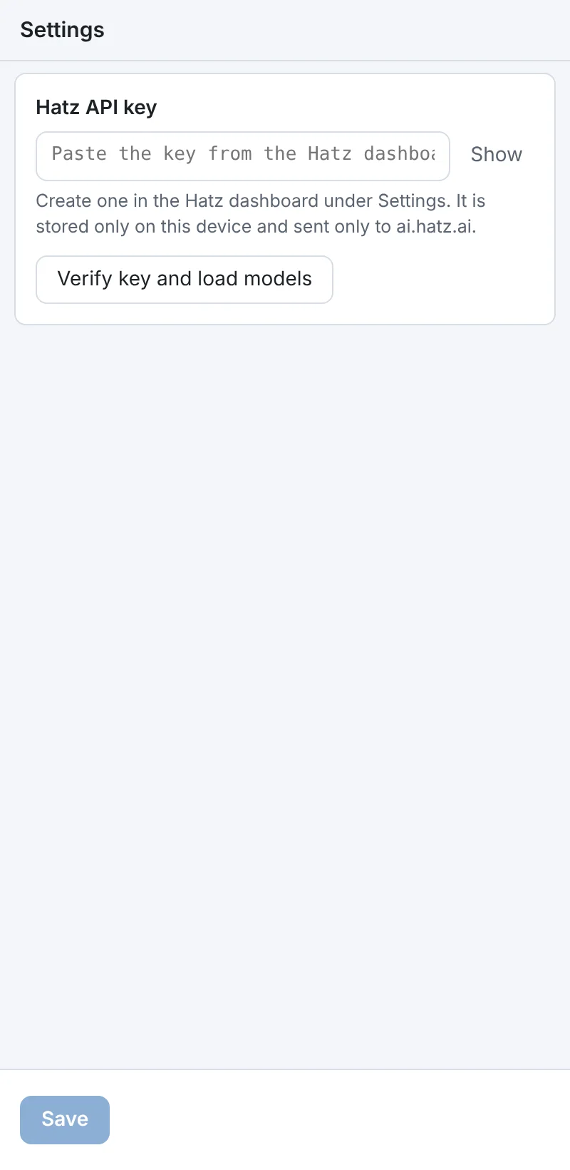 First-run settings for the Hatz API key.