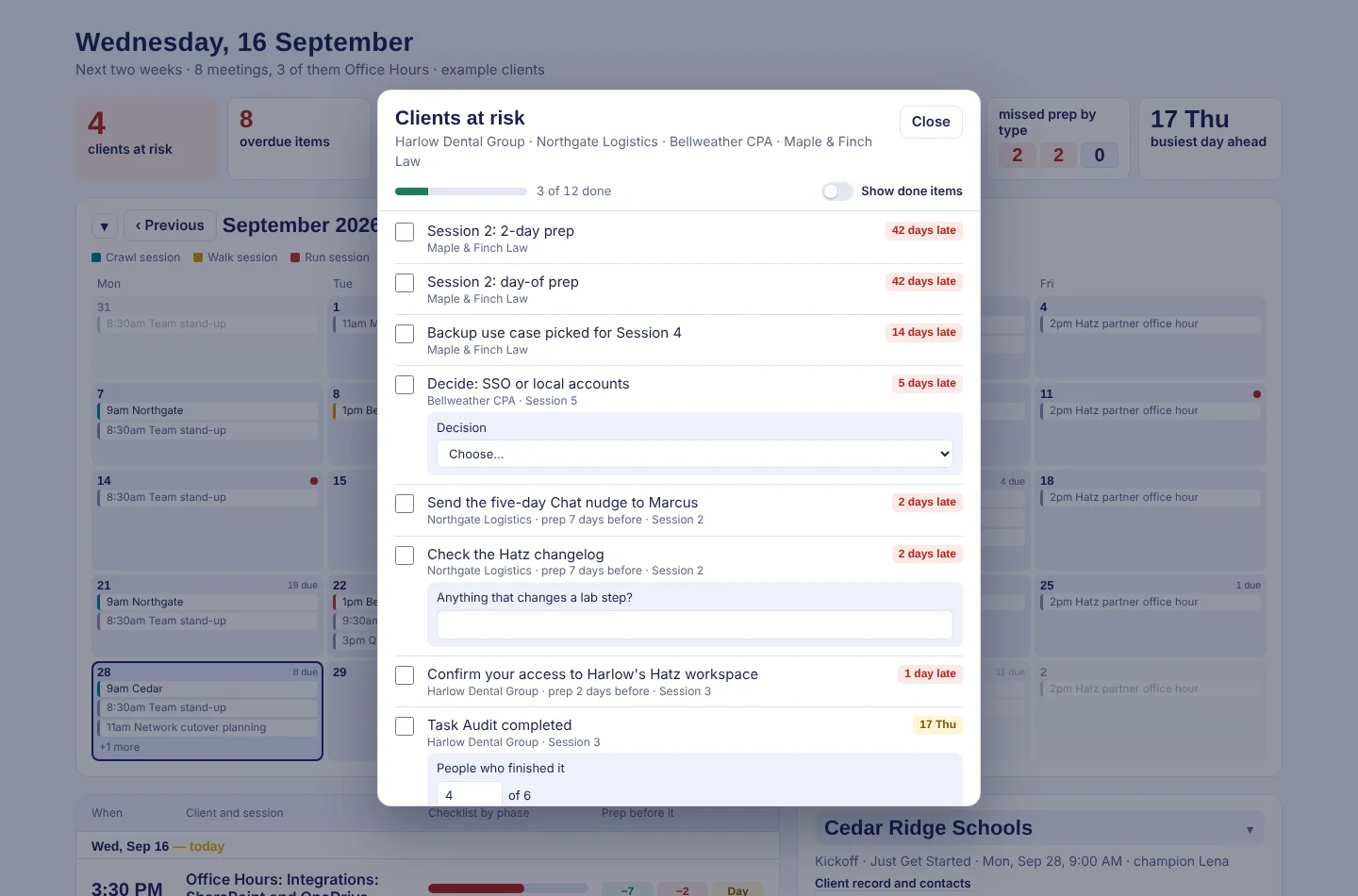 The work window listing overdue items for at-risk clients (sample data).