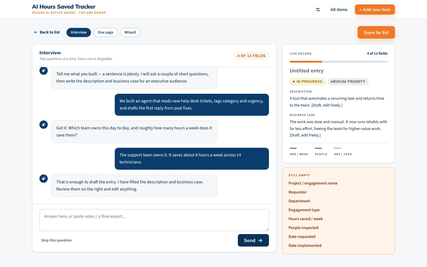 Interview mode with the description and business case drafted in the live record (sample data).